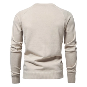 Back view of beige knit sweater showing raglan sleeves and ribbed cuffs on white background