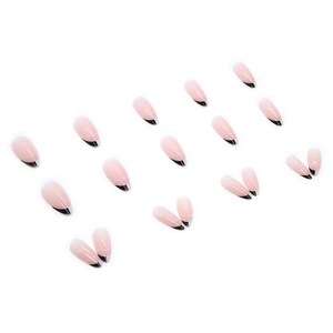 Uñas postizas degradadas rosas con puntas francesas negras y detalles de líneas blancas