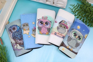 Long zipper PU leather wallets featuring five different colorful cartoon owl prints