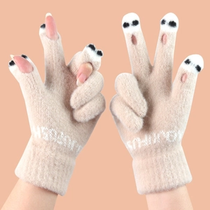 Winter knitted beige gloves with cute paw prints and touchscreen holes for women