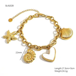 18K gold plated stainless steel chain bracelet with sea star and shell charms