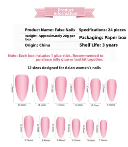 Size chart showing 12 dimensions for almond pink press-on nails with 24 pieces set