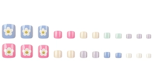 Detailed view of colorful macaron toe nail tips with glitter and daisy flower patterns