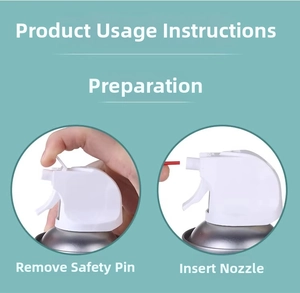 Guide for air conditioner cleaner nozzle setup showing insurance tab removal and tube assembly