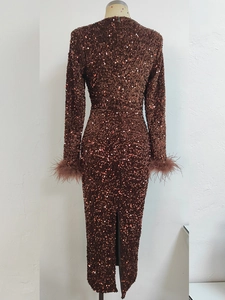 Vue arrière d'une robe marron à paillettes avec poignets en plumes d'autruche et zip