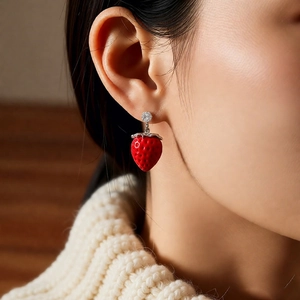 Detailed view of a red strawberry earring with green leaves worn by a model