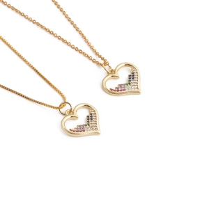 Collier Pendentif Coeur Cuivre Plaqué Or Pierres Zircon Colorées Bijoux De Mode Doux Pour Femmes