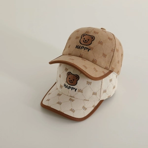 Kids corduroy baseball cap with cute bear embroidery and quilted pattern in beige and khaki