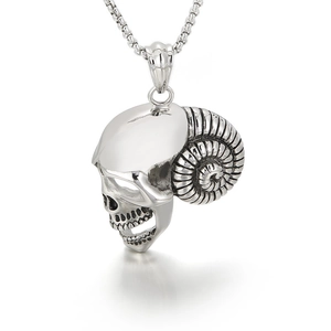 Punk style stainless steel ram skull pendant with horns on a silver Venetian chain