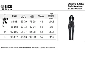 Size chart for lace halter jumpsuit showing measurements for XS S M and L in centimeters