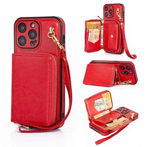 Red leather wallet case for iPhone 15 Pro Max with zipper pocket and wrist strap
