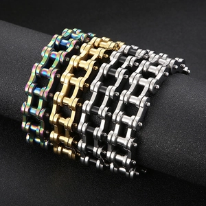 Chunky 18mm stainless steel bicycle chain bracelets in gold, silver, black, and rainbow