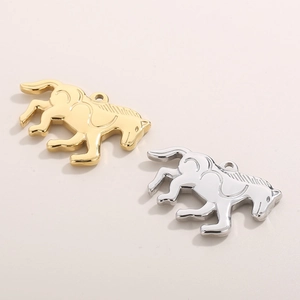 Polished stainless steel horse pendants in gold and silver finishes on a neutral background