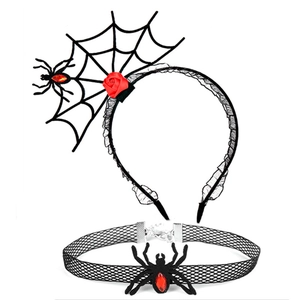 Detail of Halloween lace headband and choker set with red roses and spider web charms