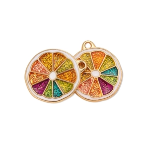 Macro detail of alloy colorful lemon and orange pendants with gold enamel edges for DIY jewelry