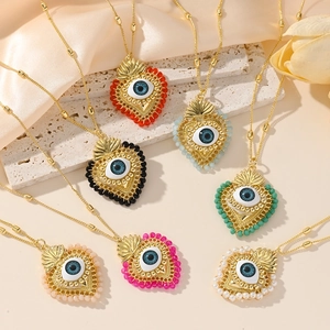 18K Gold Plated Heart Evil Eye Pendant Necklace For Women Copper Glass Beads Chain Bohemian Style Fashion Jewelry