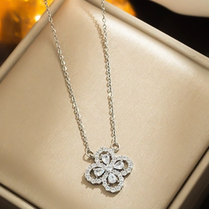 Silver titanium steel four-leaf clover necklace with sparkling cubic zirconia crystals