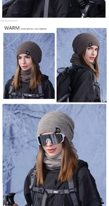 Winter knitted hat and neck warmer set shown from multiple angles for outdoor sports