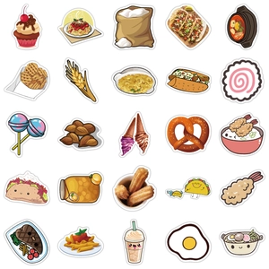 Detailed grid view showing 25 unique cute cartoon food waterproof stickers on white background