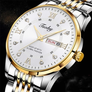 Macro detail of Tsohy mens watch featuring white dial with gold markers and day-date display