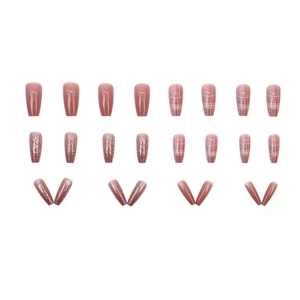 Elegante paarse geruite kunstnagels met fijne glitters en ballerina doodskistvorm