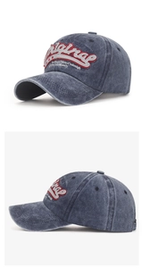 Close-up of vintage washed denim baseball cap with Original 3D embroidery detail