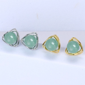 Green Gemstone Stud Earrings Vintage Palace Style Double Layered Triangle With 925 Sterling Silver Earring Post For Women