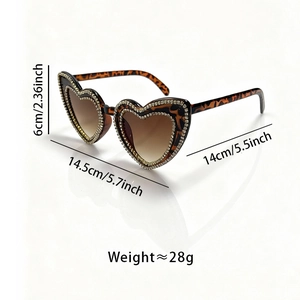Leopard print heart-shaped sunglasses with rhinestones and detailed size dimensions