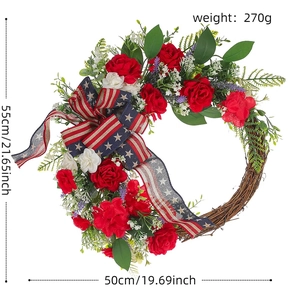 Detail of 55x50cm American Independence Day wreath with red, white ribbons and rattan base