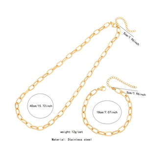 Detailed view of gold stainless steel necklace and bracelet set with size specifications