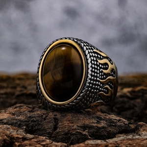 Men's stainless steel flame pattern ring with inlaid brown tiger eye stone