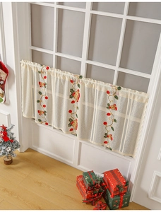 Detailed Christmas bell embroidery on cream lace cafe curtain for window decor
