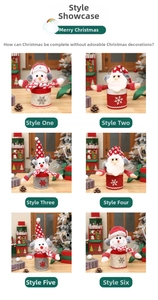 Detail view of plush Christmas candy jars featuring Santa, Snowman and Reindeer characters