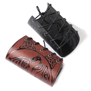 Viking PU leather arm guards with wolf head and Celtic knot patterns in black and brown