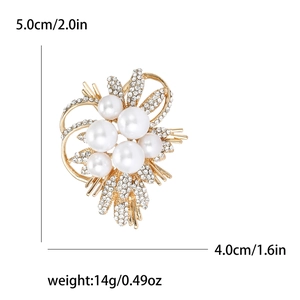 Elegant gold bouquet brooch with white faux pearls and sparkling rhinestones for suits