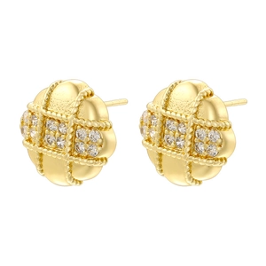 Elegant gold-plated square earrings with quilted pattern and clear cubic zirconia stones
