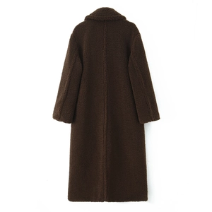 Back view of a long brown teddy fleece coat with a plush texture and oversized lapel collar
