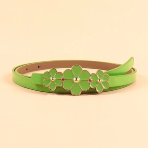 Slim green leather belt for women with elegant golden floral buckle and enamel flower detail