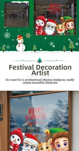 Detail of Santa and reindeer window stickers set for festive holiday glass decoration
