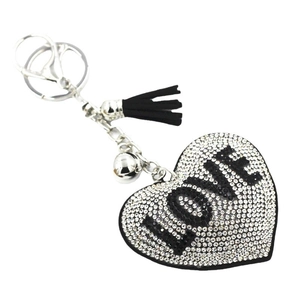 Sparkling diamond-encrusted LOVE heart keychain with black tassel and silver metal ring