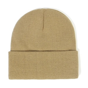 Detailed close-up showing the premium ribbed knit texture of this khaki beanie hat