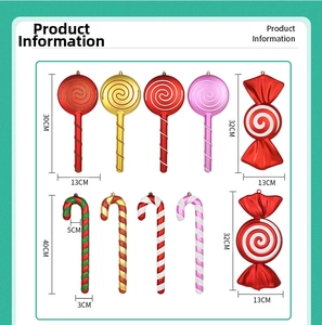 Detailed size guide for plastic Christmas candy props showing dimensions for canes and lollipops