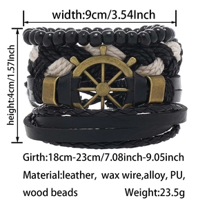 Detailed dimensions of handmade woven leather bracelet set with bronze rudder and wood beads