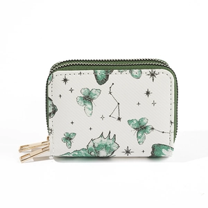 Porte-cartes en cuir PU blanc avec motif papillon et double fermeture éclair dorée