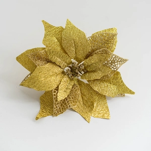 27cm gold artificial poinsettia flower with mesh petals for Christmas tree decoration