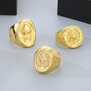 Religious 18k gold plated stainless steel anchor rings with Sacred Heart of Jesus relief