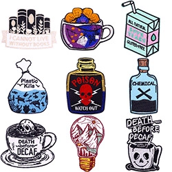 Close-up of assorted embroidered patches with creative book and coffee skull designs