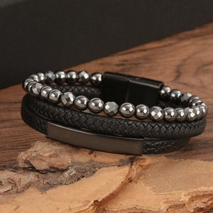 Men's multilayered black woven leather bracelet with hematite beads and magnetic clasp