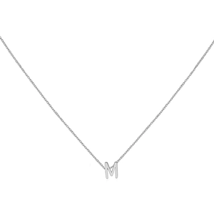Detailed view of silver capital letter M pendant on a delicate minimalist chain