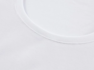 Close-up of the U-neckline on a white knit cotton T-shirt with double-stitched seams